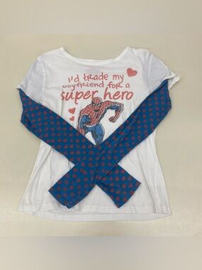 Mighty Fine White Spider-Man Graphic Tee with Blue Heart Sleeve Detail